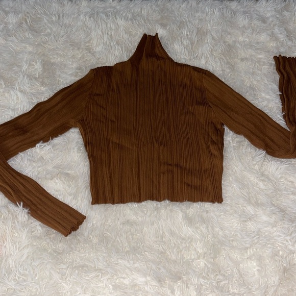 ZARA Ribbed Stretch Knit Long Sleeve High Neck Crop Top Caramel Brown - Picture 2 of 5